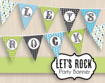LET'S ROCK Party Banner in Turquoise Blue and Lime Green- Instant Printable Download