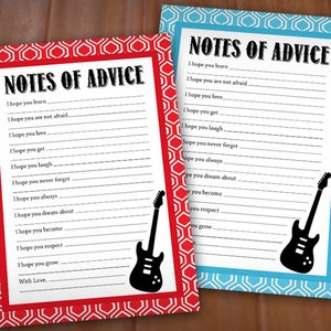 GUITAR ADVICE Cards for Baby Shower in Red and Turquoise Aqua Blue- Instant Printable Download
