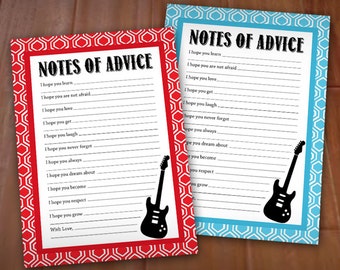 GUITAR ADVICE Cards for Baby Shower in Red and Turquoise Aqua Blue- Instant Printable Download