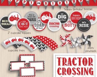 TRACTOR CROSSING Birthday Printable Package in Red and Charcoal Gray- Editable Instant Download
