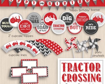 Pacchetto stampabile compleanno TRACTOR CROSSING in rosso e grigio antracite - Download immediato modificabile