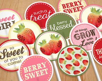 STRAWBERRY Cupcake Toppers and Party Circles- Instant Printable Download