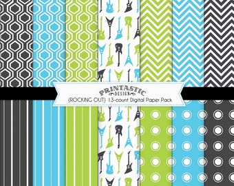 Pacchetto di carta ROCK GUITAR in verde lime, turchese acqua blu e nero - Download stampabile istantaneo con jpg e pdf
