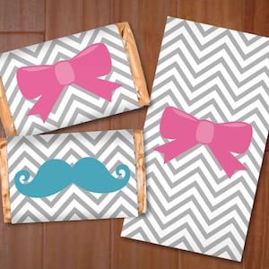 May include: Three gray and white chevron patterned gift wrappers with a pink bow, a blue mustache, and a pink bow. The wrappers are for candy bars.