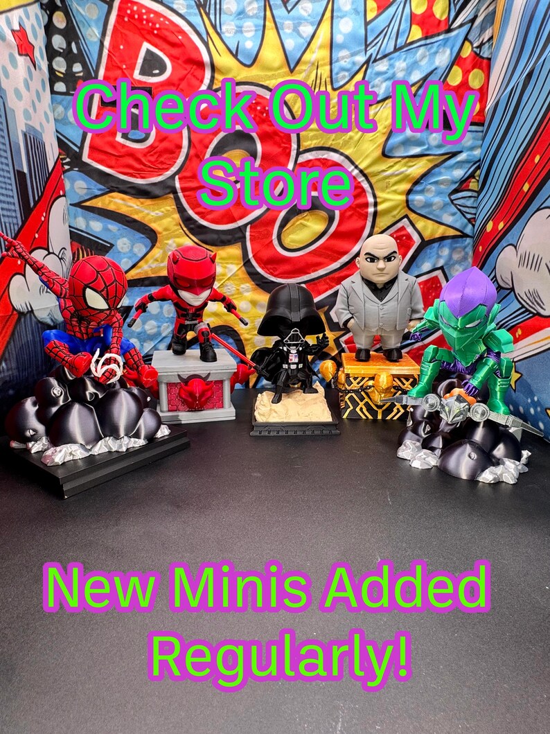 May include: A collection of superhero and villain figurines, including Spider-Man, Daredevil, Darth Vader, and the Green Goblin. The text "Check Out My Store" and "New Minis Added Regularly!" are displayed in the image.