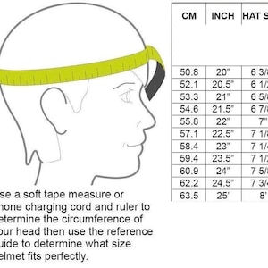 May include: A line drawing of a head with a yellow measuring tape wrapped around the circumference. A table displays head measurements in centimeters, inches, and hat sizes. Text reads: Use a soft tape measure or phone charging cord and ruler.