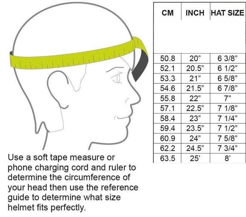 May include: A line drawing of a head with a yellow measuring tape wrapped around the circumference. A table displays head measurements in centimeters, inches, and hat sizes. Text reads: Use a soft tape measure or phone charging cord and ruler.