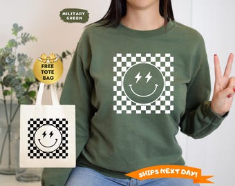 Checkered Pattern Smile Face Sweatshirt, Retro Smiley Face Hoodie, Smile Face Sweater, Happy Face Sweatshirt, Cute Smile Hoodie, Smile Shirt