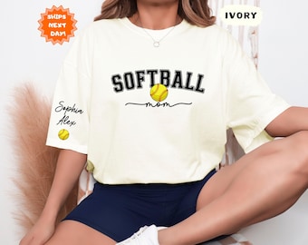 Comfort Colors® Softball Mom Kids Name On Sleeve Shirt, Softball Mama Shirt, Softball Season Shirt, Mom Softball Shirt, Gameday Mama Shirt