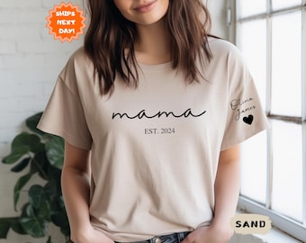 Custom Mama Shirt with Kid Name, Personalized Mom Shirt with Kids Names on Sleeve, Mothers Day Gift for Her, Momma Tshirt, New Mom Gift Est