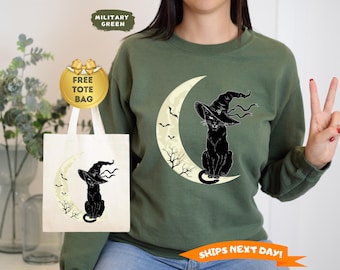 Halloween Black Cat Moon Sweatshirt and Hoodie, Halloween Cat Sweatshirt, Cat Lover Sweatshirt, Black Cat Sweater, Gift For Halloween