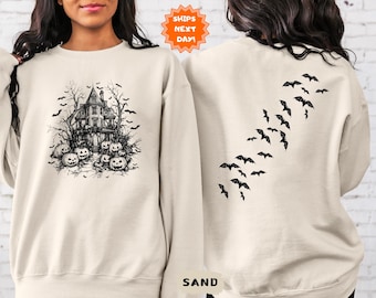 Haunted House Halloween Sweatshirt and Hoodie, Halloween Party, Bats Crewneck, Spooky Season Pullover, Vintage Halloween Sweater, Trendy