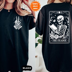 The Reader Tarot Card Front And Back Printing Shirt, Tarot Card Shirt, Skeleton Reading T-shirt, Book Lover Tee, Book Lover Gift For Women