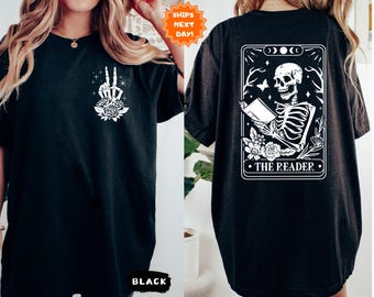 The Reader Tarot Card Front And Back Printing Shirt, Tarot Card Shirt, Skeleton Reading T-shirt, Book Lover Tee, Book Lover Gift For Women