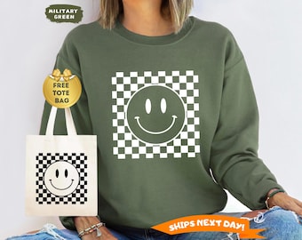Smiley Face Sweatshirt, Smiley Face Checkered Hoodie, Happy Face Sweater, Trendy Vintage Hoodie, Retro Shirt Women, Boho Shirt, Gift for her