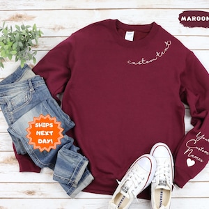 Custom Text on the Neck and Names on the Sleeve Sweatshirt and Hoodie, Customizable Crewneck Gift, Personalized Names Initials on Sleeve