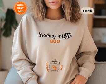 Brewing A Little Boo Halloween Sweatshirt, Pregnancy Announcement Hoodie, Pregnancy Reveal Sweatshirt, Halloween Pregnancy Sweater,Pregnancy