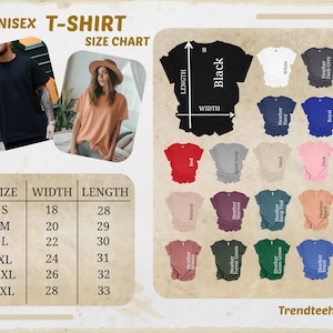 May include: A unisex t-shirt size chart with measurements in inches. The chart includes sizes S to 3XL, with corresponding width and length measurements. Various t-shirt colors are displayed, including black, white, red, and pink.