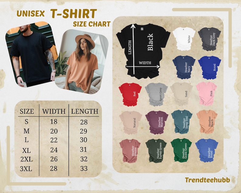May include: A unisex t-shirt size chart with measurements in inches. The chart includes sizes S to 3XL, with corresponding width and length measurements. Various t-shirt colors are displayed, including black, white, red, and pink.