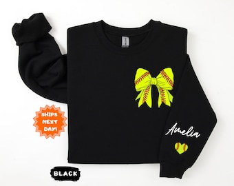 Personalized Softball Sweatshirt, Softball Bow Sweatshirt, Softball Mom Hoodie, Coquette Softball Crewneck, Game Day Sweatshirt