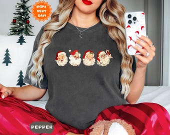 Comfort Colors® Retro Cheerful Santa Shirt, Santa Faces Shirt, Vintage Santa Tshirt, Retro Santa Face Shirt For Him/Her Christmas Gift