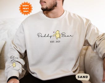 Custom Daddy Bear Sweatshirt Dad Est with Kid Name on Sleeve, Personalized Daddy Sweatshirt, Gift for Father's Day, Fathers Day Shirt