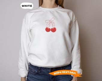 Cherry Bow Sweatshirt and Hoodie, Red Cherry and Bow Oversized Minimalist Pullover, Pinterest Aesthetic, Girly Social Club, Trendy Pink Bow