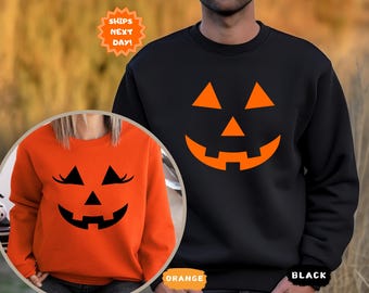 Halloween Pumpkin Face Couple Sweatshirt, Jack-o-lantern Pumpkin Sweatshirt, Pumpkin Face Sweater, Halloween Sweatshirt, Pumpkin Face Hoodie