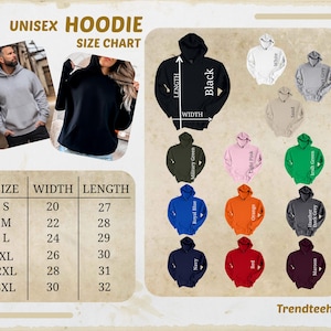 May include: Image of a unisex hoodie size chart with measurements in inches. The chart includes sizes S to 3XL, with corresponding width and length dimensions. Various hoodie colours are displayed, including black, white, and navy.