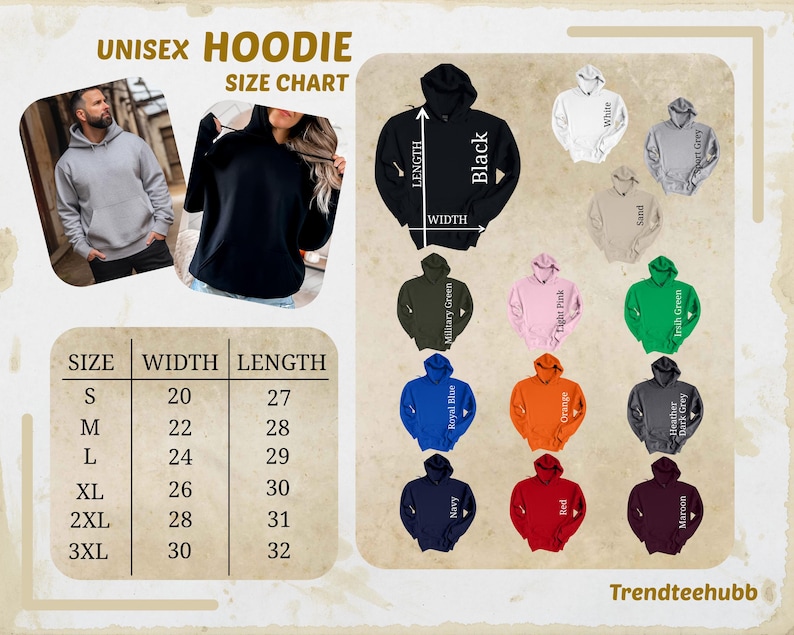 May include: Image of a unisex hoodie size chart with measurements in inches. The chart includes sizes S to 3XL, with corresponding width and length dimensions. Various hoodie colours are displayed, including black, white, and navy.