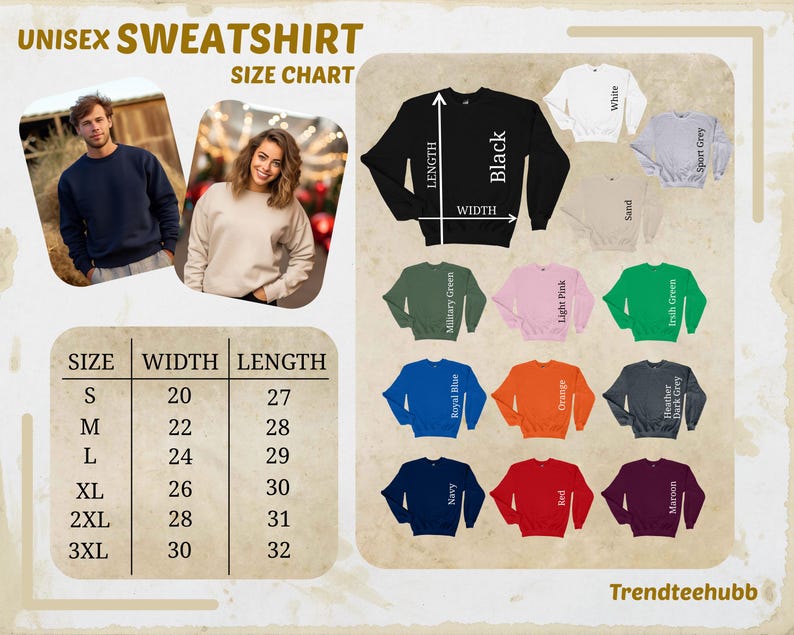 May include: A unisex sweatshirt size chart with measurements in inches. The chart includes sizes S to 3XL, with corresponding width and length measurements. The image also displays various sweatshirt colors, including black, white, and navy.