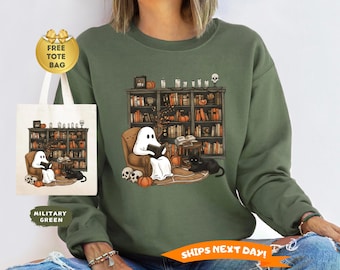 Retro Ghost Reading Books Sweatshirt, Halloween Teacher Sweatshirt, Librarian Ghost Halloween, Halloween Hoodie, Teacher Gift, Boo School