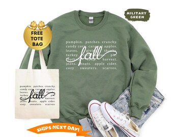 Fall Words Sweatshirt, Fall Words Hoodie, Fall Sweatshirt for Women,  Autumn Sweater, Hello Fall Crewneck, Fall Tops for Women, Thanksgiving