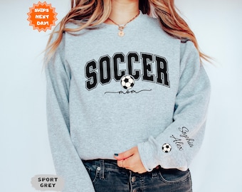 Personalize Soccer Mom Kids Name On Sleeve Sweatshirt, Soccer Mama Shirt, Mom Soccer Sweater, Gift for Soccer Mom, Soccer Season Shirt