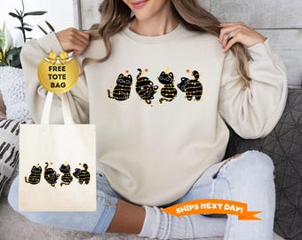 Christmas Black Cat Sweatshirt, Black Cat Christmas Hoodie, Cat Lover Gift, Cat Mom Sweater, Kitten Christmas Sweatshirt, Xmas Gift