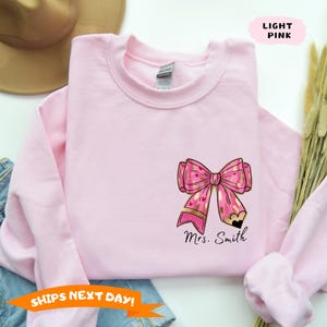 Custom Teacher Coquette Bow Sweatshirt, Custom Teacher Name Hoodie, Cute Teacher Christmas Sweater, Teacher Appreciation Gift,Back To School