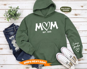 Personalized Mom Sweatshirt With Kids Name On Sleeve, Custom Mom Sweatshirt, Est Date Mom Hoodie, Christmas Gift for Mom, With Kids Names