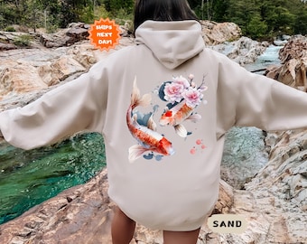 Cozy Vintage Japanese Koi Fish Hoodie, Nautical Animal Asian Art Nouveau Japan Sweatshirt, Pond Top Urban Unisex Spring Sweater, Tokyo Style