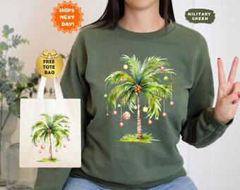 Christmas Palm Tree Sweatshirt, Florida Christmas Hoodie, Beach Aloha Christmas Sweater, Santa July Hawaiian Sweatshirt, Tropical Xmas Gift