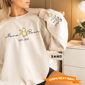 Custom Mama Bear Sweatshirt, Personalized Mom Hoodie, Mama Est with Kid Name on Sleeve Sweatshirt,  Mothers Day Sweatshirt, New Mom Tee