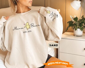 Custom Mama Bear Sweatshirt, Personalized Mom Hoodie, Mama Est with Kid Name on Sleeve Sweatshirt,  Mothers Day Sweatshirt, New Mom Tee