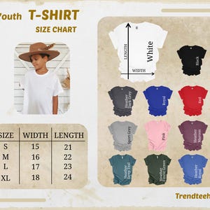 May include: A youth t-shirt size chart with a white t-shirt and various color options. The chart includes measurements for width and length in inches for sizes S, M, L, and XL. Colors include black, red, pink, and teal.
