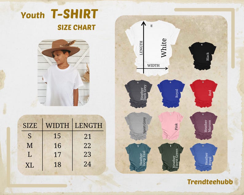 May include: A youth t-shirt size chart with a white t-shirt and various color options. The chart includes measurements for width and length in inches for sizes S, M, L, and XL. Colors include black, red, pink, and teal.