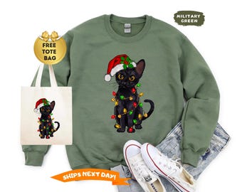 Christmas Black Cat Sweatshirt, Cat Christmas Sweater, Black Cat Christmas Hoodie, Kitten Christmas Sweatshirt, Cat Lover Gift, Cat Mom Gift
