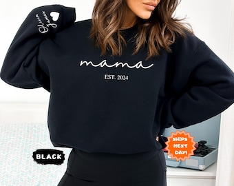 Personalized Mama Est Sweatshirt with Kid Names on Sleeve, Birthday Gift for Mom, Mothers Day Gift, Minimalist Mom Sweater, New Mom Gift
