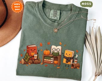 Comfort Colors® Cozy Book Lover T-Shirt, Fall Teacher Tee, Autumn Reading Coffee Shirt, Reader Outfit, Pumpkin Tee, Back to School
