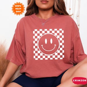 Comfort Colors® Smiley Face Shirt, Happy Face Shirt, Trendy Vintage Shirt, Smiley Face Checkered Shirt, Boho Shirt Girls, Gift for her