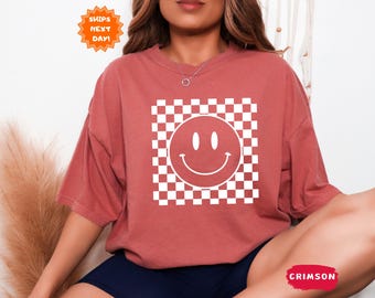 Comfort Colors® Smiley Face Shirt, Happy Face Shirt, Trendy Vintage Shirt, Smiley Face Checkered Shirt, Boho Shirt Girls, Gift for her