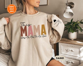 Custom This Mama Wears Her Heart On Her Sleeve Sweatshirt & Hoodie,Personalized Mom Sweatshirt With Kids Names,Cute Momma Outfit,Mothers Day