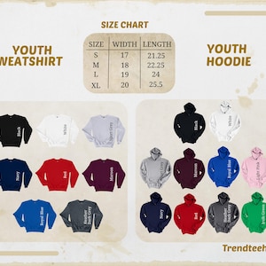 May include: A size chart for youth sweatshirts and hoodies, with measurements in inches. The image displays various colors of sweatshirts and hoodies, including black, white, navy, red, and gray. The brand name "Trendteehubb" is visible.
